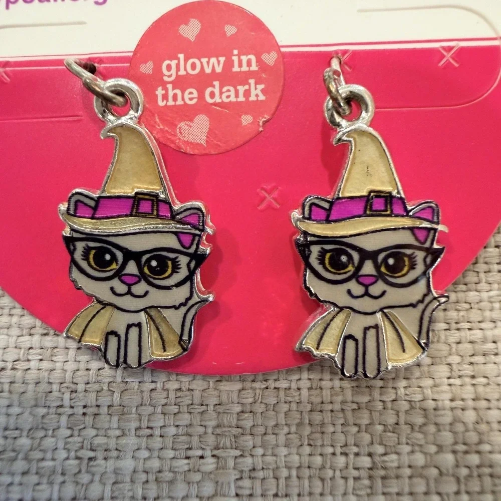 Justice Glow In The Dark Cat Witch Dangle Earrings Kids Nickel Sensitive‎ Enamel